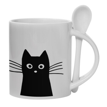 Black Cat, Ceramic coffee mug with Spoon, 330ml (1pcs)