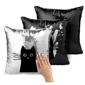 Black Cat, Μαξιλάρι καναπέ Μαγικό Μαύρο με πούλιες 40x40cm περιέχεται το γέμισμα
