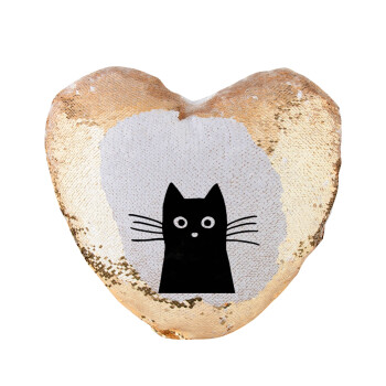 Μαύρη γάτα, Μαξιλάρι καναπέ καρδιά Μαγικό Χρυσό με πούλιες 40x40cm περιέχεται το  γέμισμα