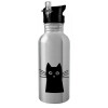 Water bottle Silver with straw, stainless steel 600ml