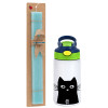Easter Set, Children's thermal stainless steel bottle with safety straw, green/blue (350ml) & aromatic flat Easter candle (30cm) (TURQUOISE)