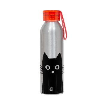 Black Cat, Aluminum Sports Bottle 650ml – Silver with Red Cap and Silicone Strap
