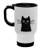 Black Cat, Κούπα ταξιδιού ανοξείδωτη με καπάκι, διπλού τοιχώματος (θερμό) λευκή 450ml