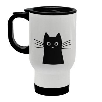 Μαύρη γάτα, Κούπα ταξιδιού ανοξείδωτη με καπάκι, διπλού τοιχώματος (θερμό) λευκή 450ml