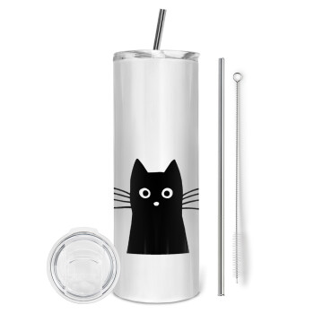 Μαύρη γάτα, Eco friendly ποτήρι θερμό (tumbler) από ανοξείδωτο ατσάλι 600ml, με μεταλλικό καλαμάκι & βούρτσα καθαρισμού