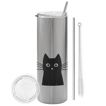 Μαύρη γάτα, Eco friendly ποτήρι θερμό Ασημένιο (tumbler) από ανοξείδωτο ατσάλι 600ml, με μεταλλικό καλαμάκι & βούρτσα καθαρισμού