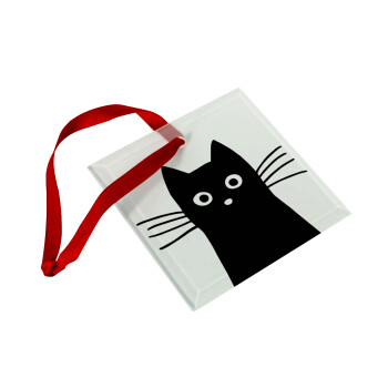 Black Cat, Χριστουγεννιάτικο στολίδι γυάλινο τετράγωνο 9x9cm