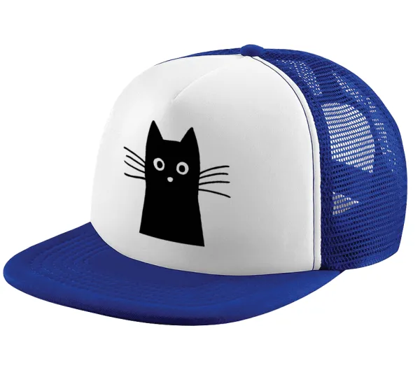 Black Cat — Adult Soft Trucker Hat with Blue/White Mesh (POLYESTER, ADULT, UNISEX, ONE SIZE)