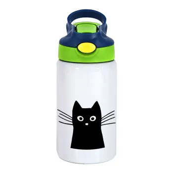 Black Cat, Children's hot water bottle, stainless steel, with safety straw, green, blue (350ml)