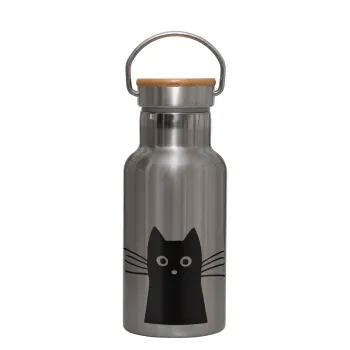 Black Cat, Stainless steel metallic thermos flask, silver with a bamboo lid, double-walled, 350ml.