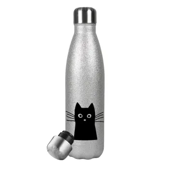 Black Cat, Metallic Glitter Silver Thermos Flask (Stainless steel), double-walled, 500ml