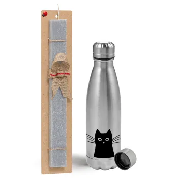 Black Cat, Easter Set, metallic Inox water bottle (750ml) & aromatic flat Easter candle (30cm) (GRAY)