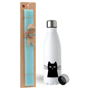Black Cat, Easter Set, metallic stainless steel water bottle (750ml) & aromatic flat Easter candle (30cm) (TURQUOISE)