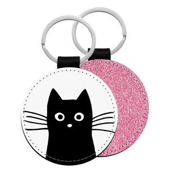 Μαύρη γάτα, Μπρελόκ Δερματίνη, στρογγυλό ΡΟΖ (5cm)