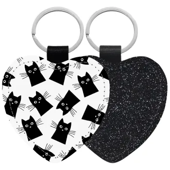 Μαύρη γάτα, Μπρελόκ PU δερμάτινο glitter καρδιά ΜΑΥΡΟ