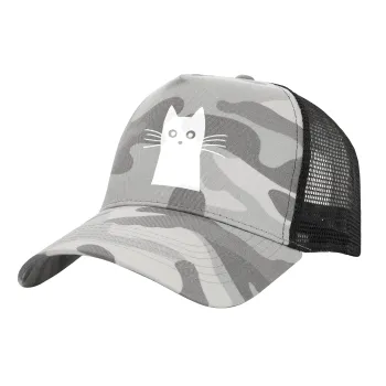 Black Cat, Adult Structured Trucker Hat, with Mesh, (Camouflage) Army Camo (100% COTTON, ADULT, UNISEX, ONE SIZE)
