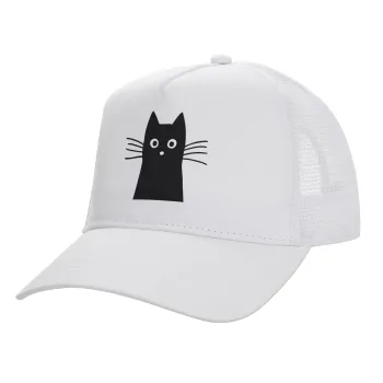 Black Cat, Structured Trucker Adult Hat, with Mesh, WHITE (100% COTTON, ADULT, UNISEX, ONE SIZE)