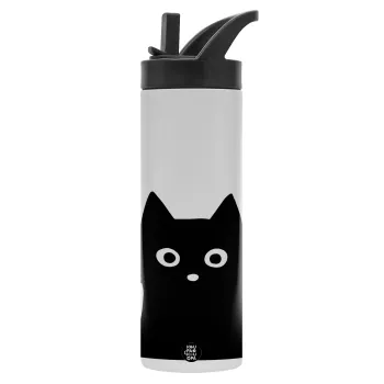Black Cat, Metallic thermos bottle with straw & handle, stainless steel (Stainless steel 304), double-walled, 600ml.