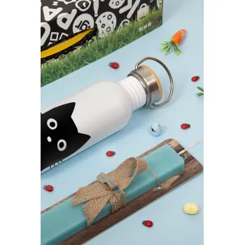 Μαύρη γάτα, Πασχαλινή Λαμπάδα με παγούρι μεταλλικό (620ml, stainless steel) & κερί αρωματικό πλακέ (30cm) (ΤΙΡΚΟΥΑΖ)