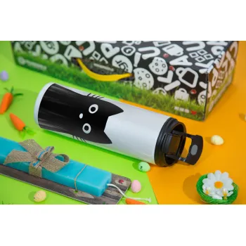 Black Cat, Easter candle,Travel Tumbler 2 Lids, with metal straw & cleaning brush & aromatic flat candle (30cm) (BLUE)