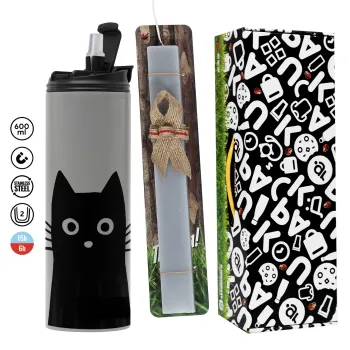 Μαύρη γάτα, Πασχαλινή Λαμπάδα με Travel Tumbler θερμό (600ml, BPA free) & κερί αρωματικό πλακέ (30cm) (ΓΚΡΙ)