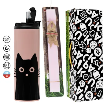 Μαύρη γάτα, Πασχαλινή Λαμπάδα με  ΡΟΖ Travel Tumbler θερμό (600ml, BPA free) & κερί αρωματικό πλακέ (30cm) (ΡΟΖ)