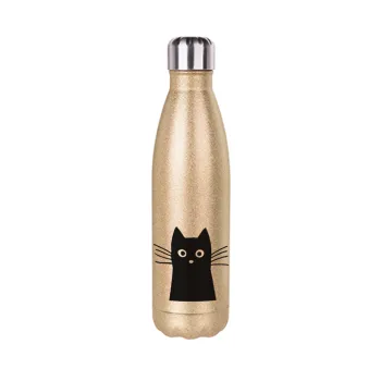 Black Cat, Glitter gold stainless steel thermos bottle, double-walled, 500ml