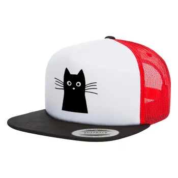 Black Cat, Adult Foam Flat Snapback with Mesh Black-White-Red (POLYESTER, ADULT, UNISEX, ONE SIZE)