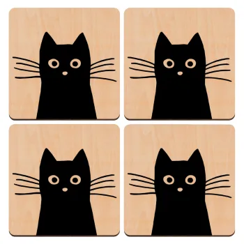 Μαύρη γάτα, ΣΕΤ x4 Σουβέρ ξύλινα τετράγωνα plywood (9cm)