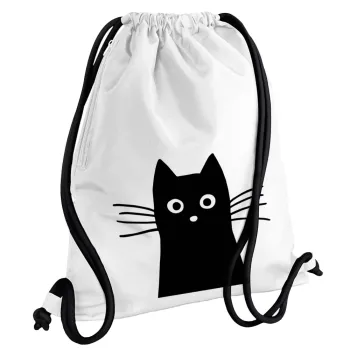 Black Cat, Backpack pouch GYMBAG white, with pocket (40x48cm) & thick cords