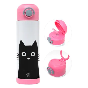 Black Cat, Children's hot water bottle, stainless steel, with safety straw, PINK (500ml)