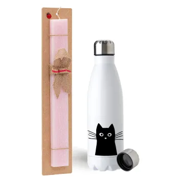 Black Cat, Easter Set, metallic stainless steel water bottle (750ml) & scented flat Easter candle (30cm) (PINK)