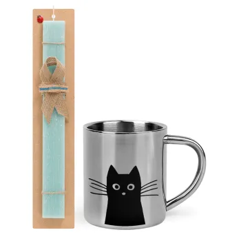 Black Cat, Easter Set, metallic thermal cup (300ml) & aromatic flat Easter candle (30cm) (TURQUOISE)