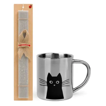 Black Cat, Easter Set, metallic thermal cup (300ml) & Easter aromatic flat candle (30cm) (GRAY)