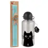 Easter Set, metallic silver aluminum water bottle (500ml) & scented flat Easter candle (30cm) (TURQUOISE)