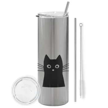 Black Cat, Tumbler stainless steel Silver 600ml, with metal straw & cleaning brush