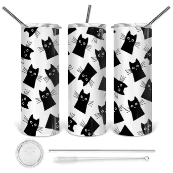Μαύρη γάτα, Tumbler ποτήρι θερμό από ανοξείδωτο ατσάλι 600ml, με μεταλλικό καλαμάκι & βούρτσα καθαρισμού