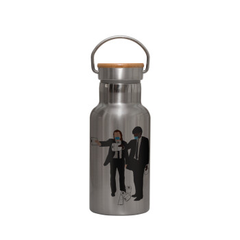 Pulp Fiction 3 meter away, Stainless steel metallic thermos flask, silver with a bamboo lid, double-walled, 350ml.