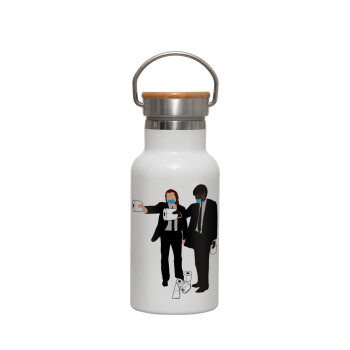 Pulp Fiction 3 meter away, Metallic thermos (Stainless steel) White with wooden lid (bamboo), double-walled, 350ml