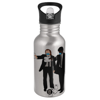 Pulp Fiction 3 meter away, Water bottle Silver with straw, stainless steel 500ml