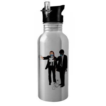 Pulp Fiction 3 meter away, Water bottle Silver with straw, stainless steel 600ml
