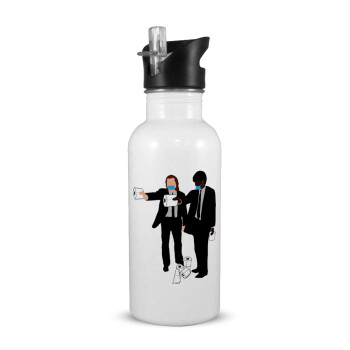 Pulp Fiction 3 meter away, White water bottle with straw, stainless steel 600ml