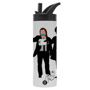 Pulp Fiction 3 meter away, Metallic thermos bottle with straw & handle, stainless steel (Stainless steel 304), double-walled, 600ml.