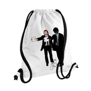 Pulp Fiction 3 meter away, Backpack pouch GYMBAG white, with pocket (40x48cm) & thick cords