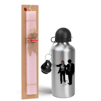 Pulp Fiction 3 meter away, Easter Set, metallic Silver aluminum water bottle (500ml) & scented flat Easter candle (30cm) (PINK)