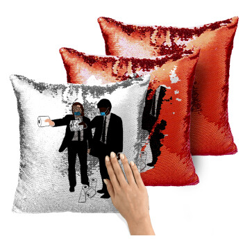 Pulp Fiction 3 meter away, Μαξιλάρι καναπέ Μαγικό Κόκκινο με πούλιες 40x40cm περιέχεται το γέμισμα