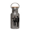 Stainless steel metallic thermos flask, silver with a bamboo lid, double-walled, 350ml.