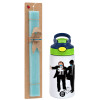 Easter Set, Children's thermal stainless steel bottle with safety straw, green/blue (350ml) & aromatic flat Easter candle (30cm) (TURQUOISE)