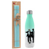 Easter Set, Metallic green/white thermos (Stainless steel), double-walled, 500ml & scented flat Easter candle (30cm) (TURQUOISE)
