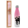 Easter Set, Metallic pink/white (Stainless steel) thermos, double-walled, 500ml & aromatic flat Easter candle (30cm) (PINK)